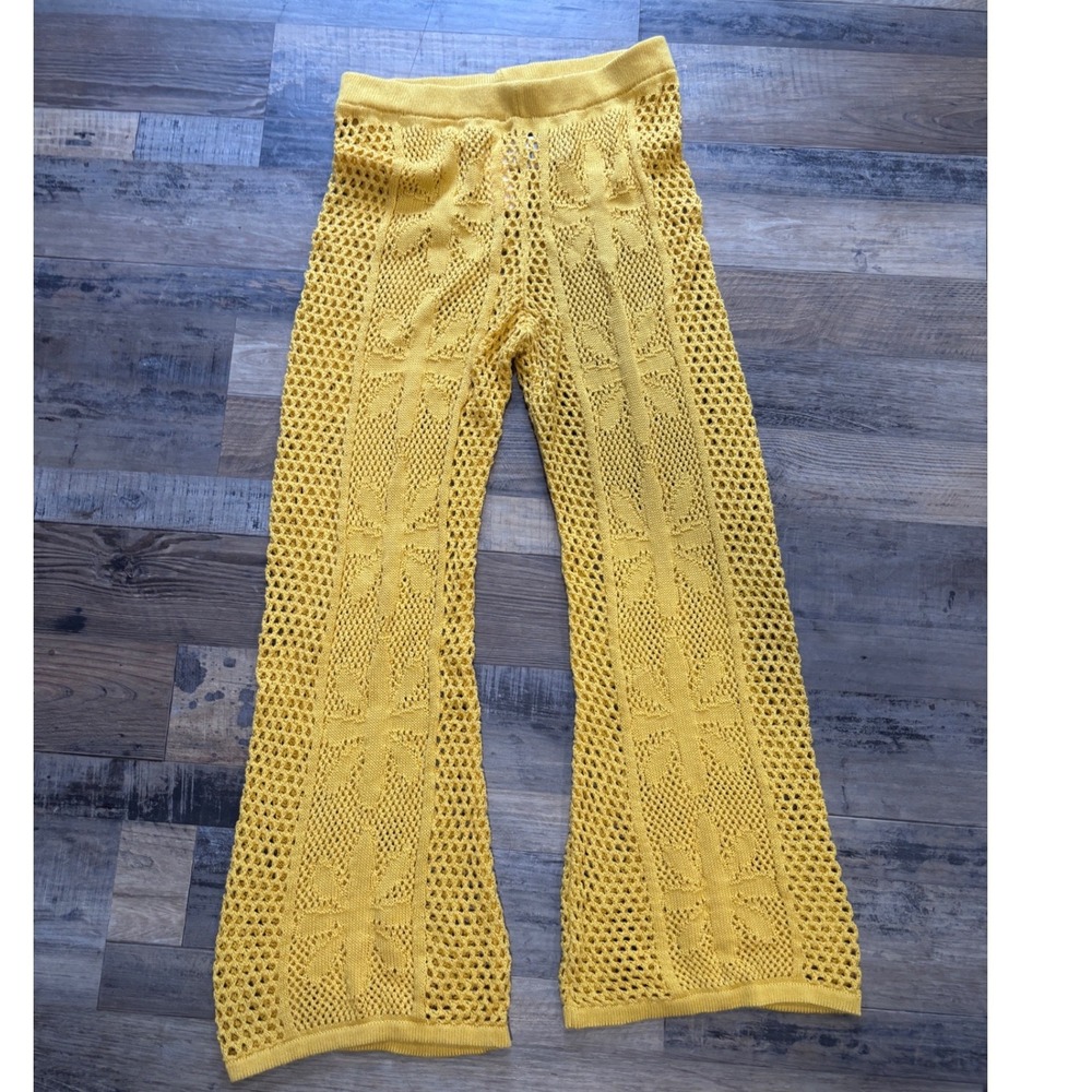 Anthropologie Celandine Yellow Crochet Knit Wide Leg Pants Boho NWT M